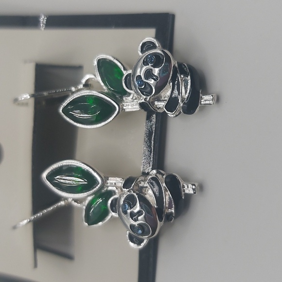 Napier Silver Tone Simulated Crystal Enamel Panda Earrings - Picture 7 of 14